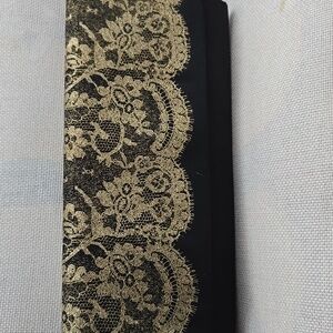 Elegant Black Satin and Gold Lace Clutch